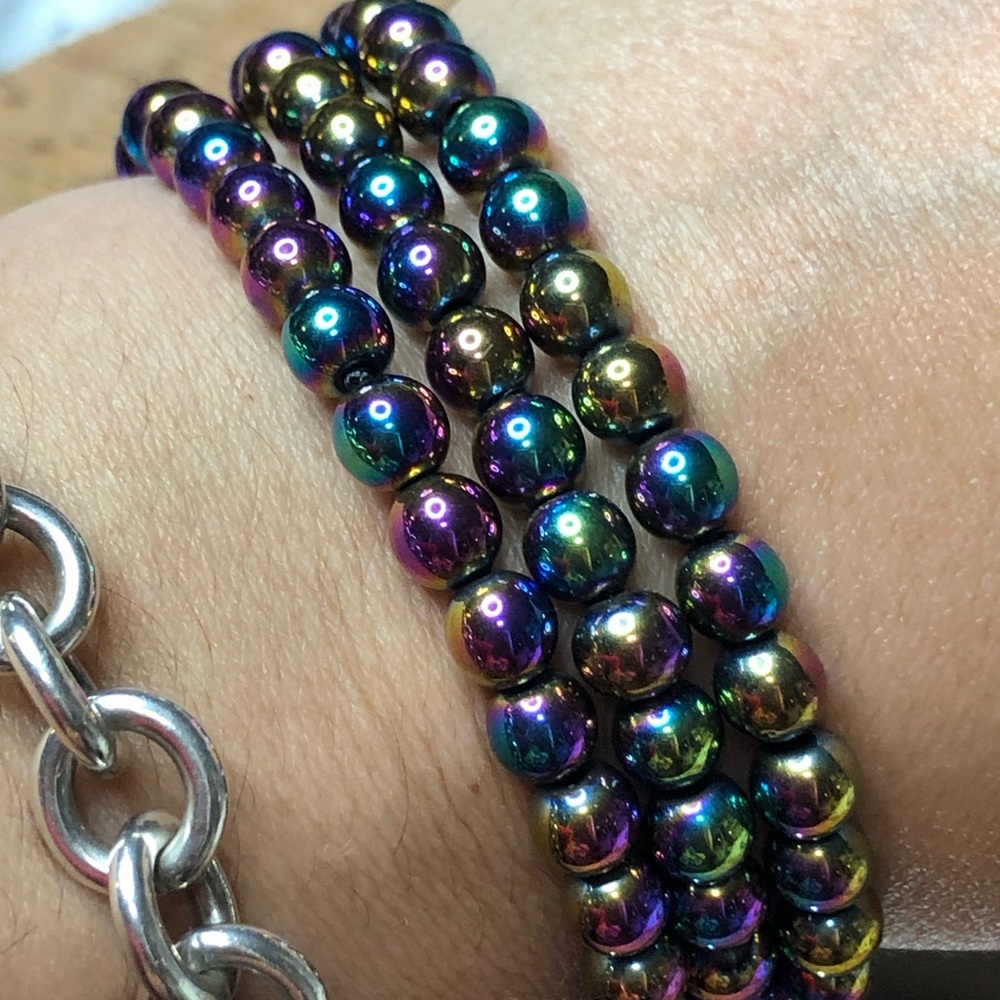 💎Iridescent Oxidized Hematite Rainbow, STRETCH Beaded Bracelet, Listing is for 1